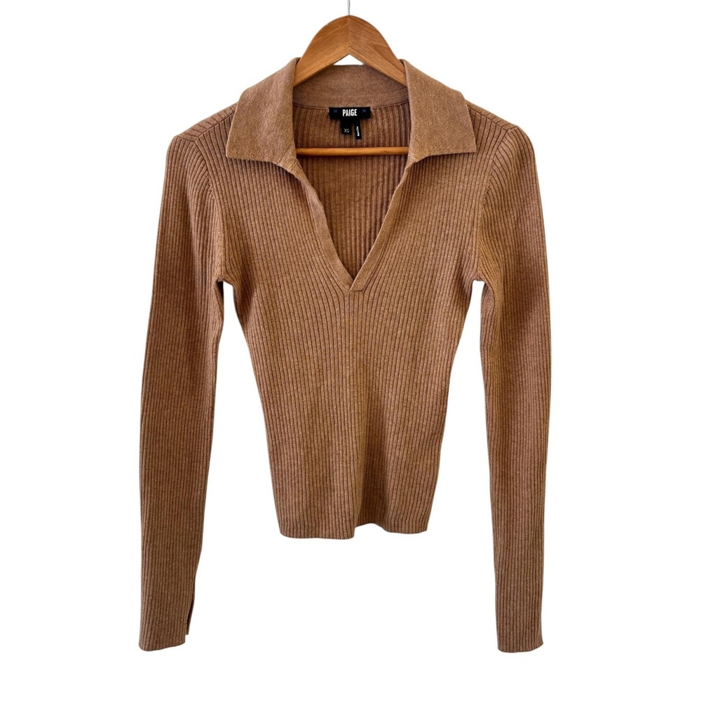 Paige Ribbed Silk Blend‎ Collared Sweater Womens XS Dark Camel V Neck Classic